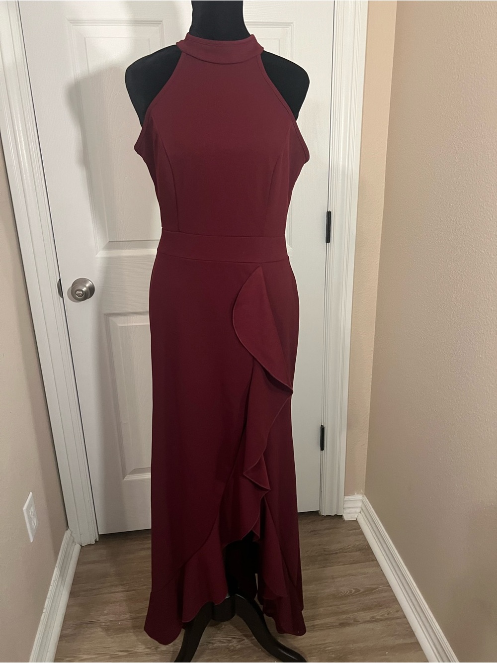 Women's Burgundy Halter Ruffle Maxi Dress